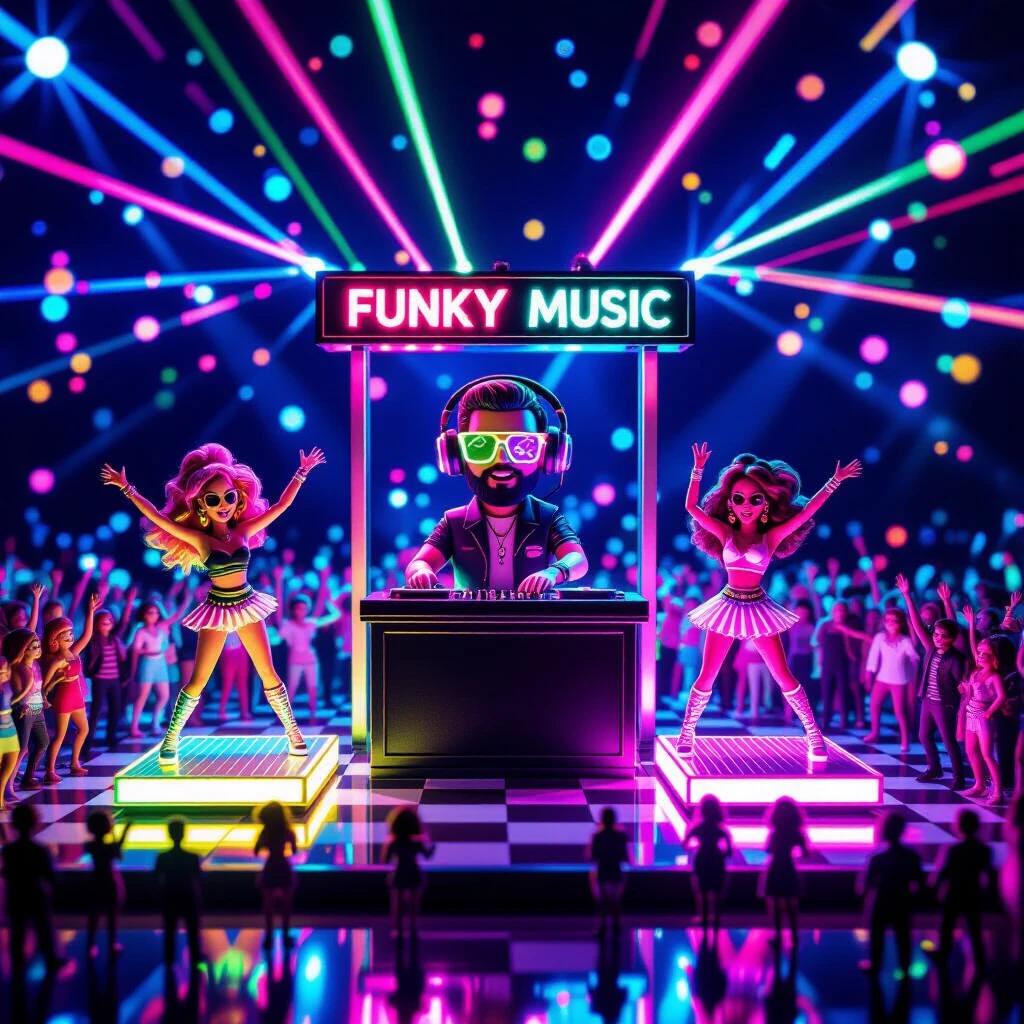 A miniature world disco scene titled Funky Music. The scene features a DJ booth at the center. The DJ wears funky glasses and headphones. Two energetic go-go dancers stand on glowing platforms. A crowd of tiny people dances joyfully. Colorful neon lights fill the atmosphere. Laser beams cross the air. Reflections shine on the dance floor. The scene is detailed and playful. It has a miniature diorama look. The setting is nighttime with immersive lighting.