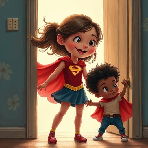 Caricature style featuring a 6-year-old girl with light brown hair in a superwoman costume, saving a 1-year-old baby with black hair from a closing gate