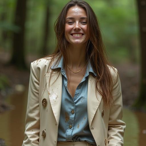 Photography of a woman wearing a beige satin business suit and a light blue satin shirt in a muddy forest. Her expression is pleasant and smiling as she plays in a mud pool. Mud splattered on her, especially in her hair. She is laughing and having fun in the swamp. Includes ankle boots, bracelets, and a gold necklace.