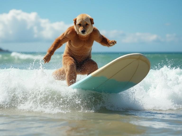 Ultra realistic 8k photograph of a lion surfing with a penguin under its paws at a Lanzarote beach.