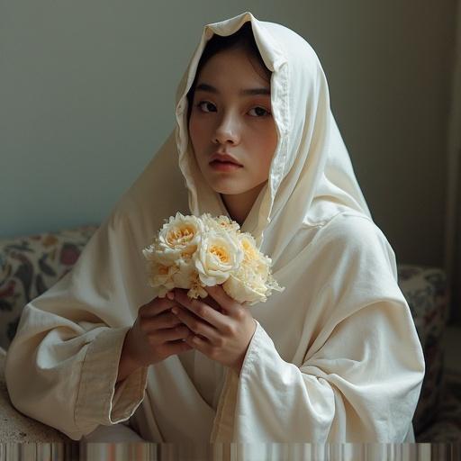 A girl wearing a hooded garment. She holds a bouquet of flowers. The setting is soft and serene.