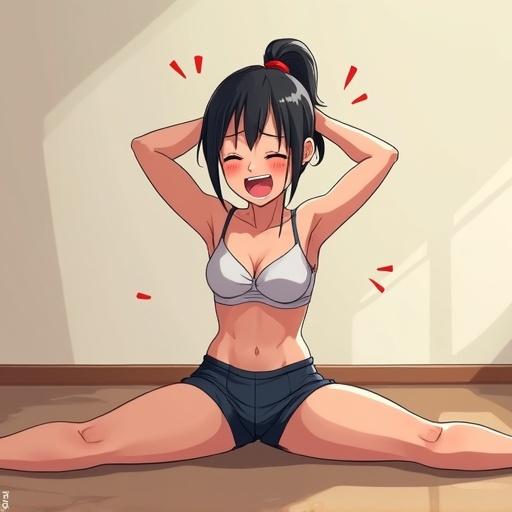 Young woman is stretching in splits position. Character drawn in anime style. She wears a push-up bra and shorts. Expression shows mixed emotions of stretching and slight discomfort. Character has a tight waist appearance from body posture.