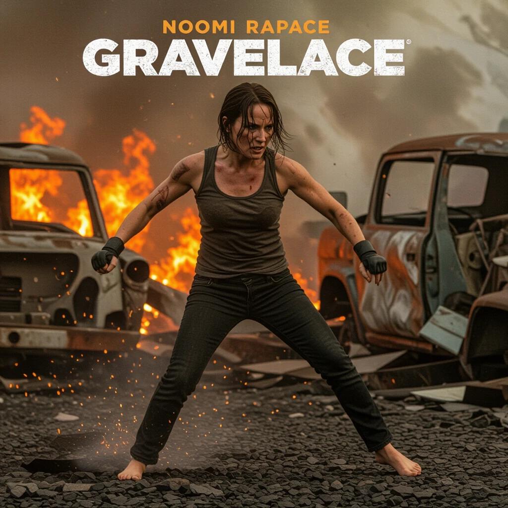 Noomi Rapace engages in combat barefoot on burning hot gravel. Surrounded by flames and twisted vehicle frames. Sparks and dust particles create a chaotic atmosphere. Wearing a torn tank top and exhibiting determination. Kicking forward in a gritty, intense scene.