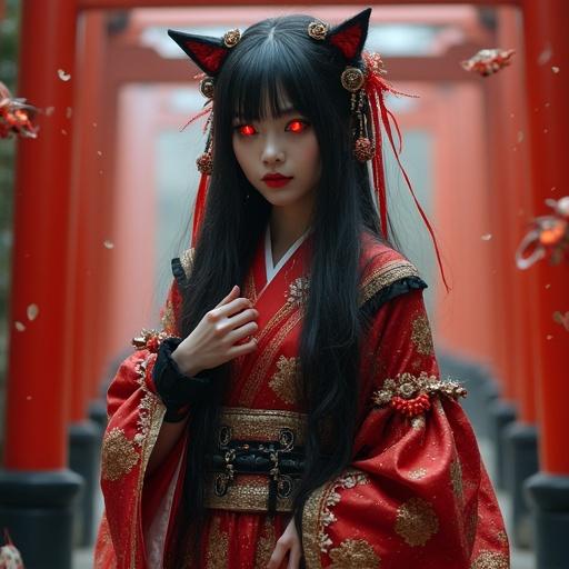 Beautiful Japanese woman on gothic stage with traditional Shinto elements. She wears red and black kimono with gold embroidery. Long black hair with crimson ribbons. Glowing red eyes. Fox mask at her side. Background of torii gates and mist. Serene yet unsettling expression. Soft spotlight and misty atmosphere. Hyper-realistic detail.