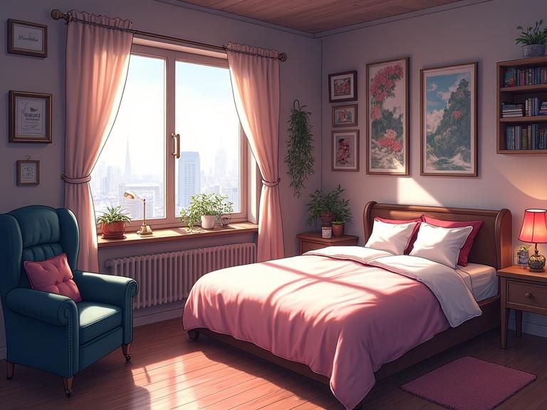 A cozy bedroom in anime visual novel style. Features a bed with pink bedding. Includes a window with a city view. Decorated with plants and framed art.