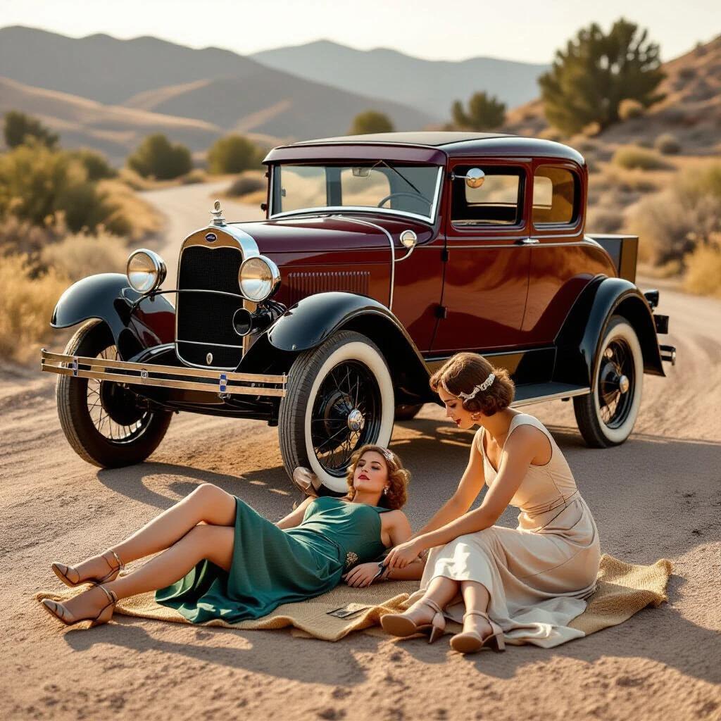 Ultra-realistic color photograph of a stranded 1928 Ford Model A Tudor Sedan on a dusty road. Two elegant women in late 1920s fashion actively repairing the car. One woman lies under the car, while the other hands a vintage tool. Dust motes glow in sunset lighting. Background features a pastel gradient sky and gentle grasses.