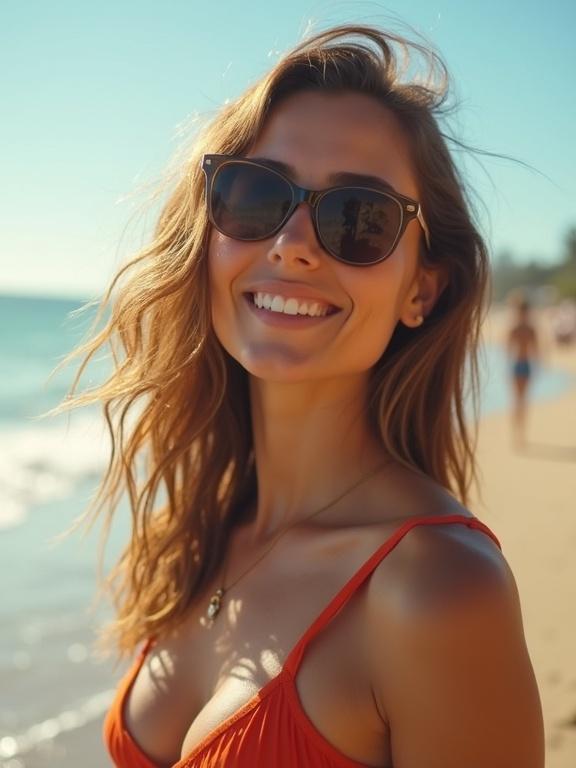 A woman with curly hair relaxes on the beach. She wears a vibrant orange swimsuit. Sunlight illuminates the scene. The ocean waves are gently lapping at the shore. The atmosphere is warm and inviting.
