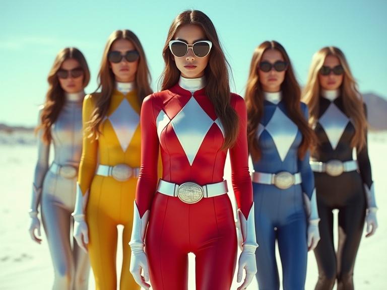 Five female figures in vibrant power ranger suits pose confidently in a sunny desert setting. They wear sleek round sunglasses and large oval belts. Each suit showcases bold colors including red blue black yellow and white. The environment highlights realism textures and reflections with a high dynamic range. Details emphasize their long hair flowing elegantly.