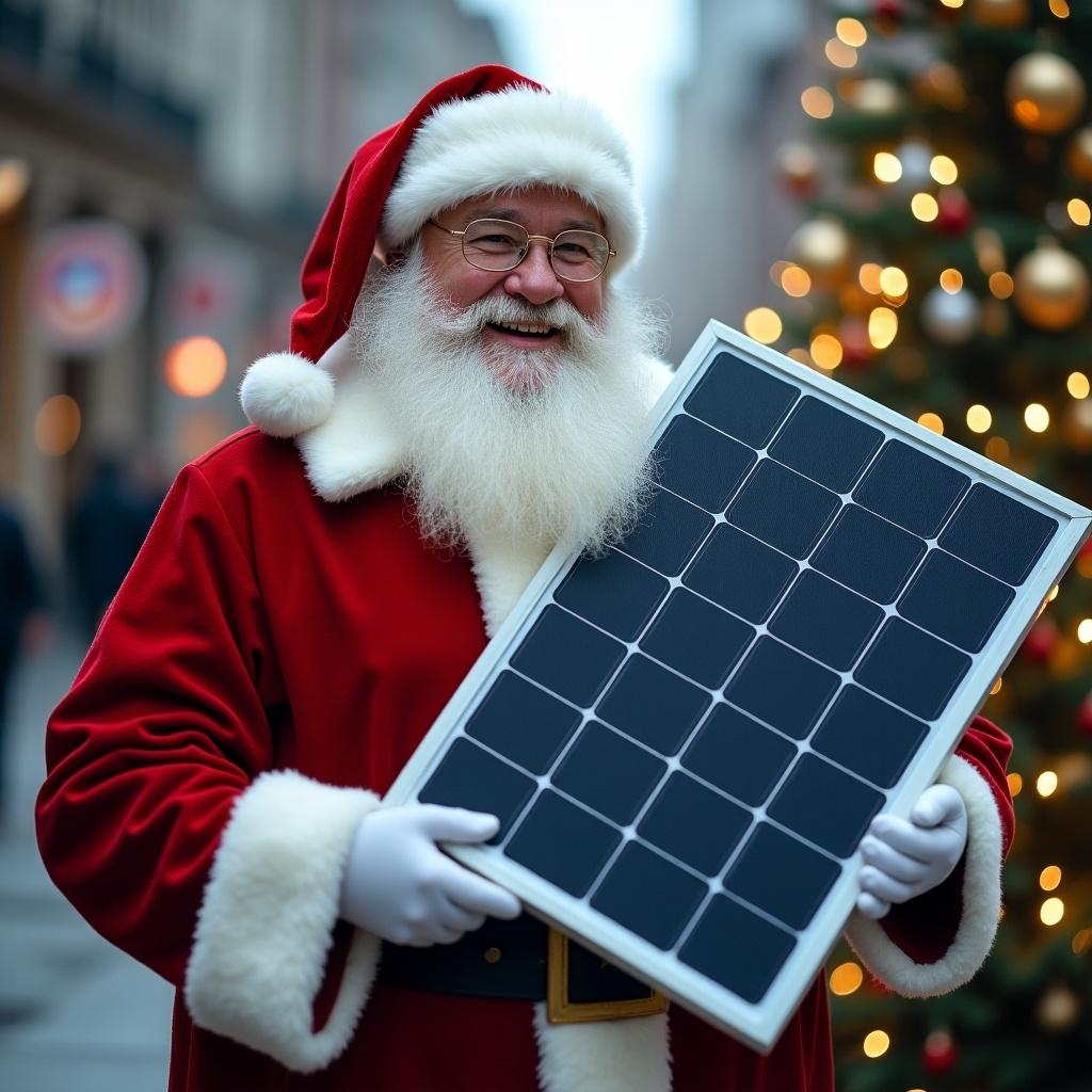 Santa Claus holds a large solar panel. The scene captures festive spirit and promotes renewable energy.