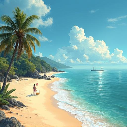 Tropical beach scene with palm trees and gentle waves. Two people walking on the sandy shore. Bright sun and clear skies.