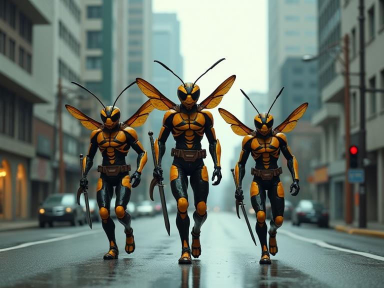 Ultra-realistic imagery of three humanoid hornets in an urban setting. They exhibit bipedal traits with distinct exoskeleton features combining human musculature and hornet characteristics. Each has unique attributes such as weapons and costume details. The scene portrays a desolate avenue with reflective wet asphalt, emphasizing their menacing advance under overcast lighting.