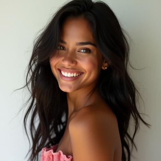 An ultra-realistic medium shot of a Puerto Rican woman. She is fit, looking at the camera with a huge smile. Her deep dark brown bronzed skin has high contrast tan lines. Her light green eyes are hyper-detailed. She has long wavy black hair with sun-touched strands and a few subtle freckles on her cheeks. She wears a pink strapless dress with ruffles. The background is a neutral white wall in soft lighting.