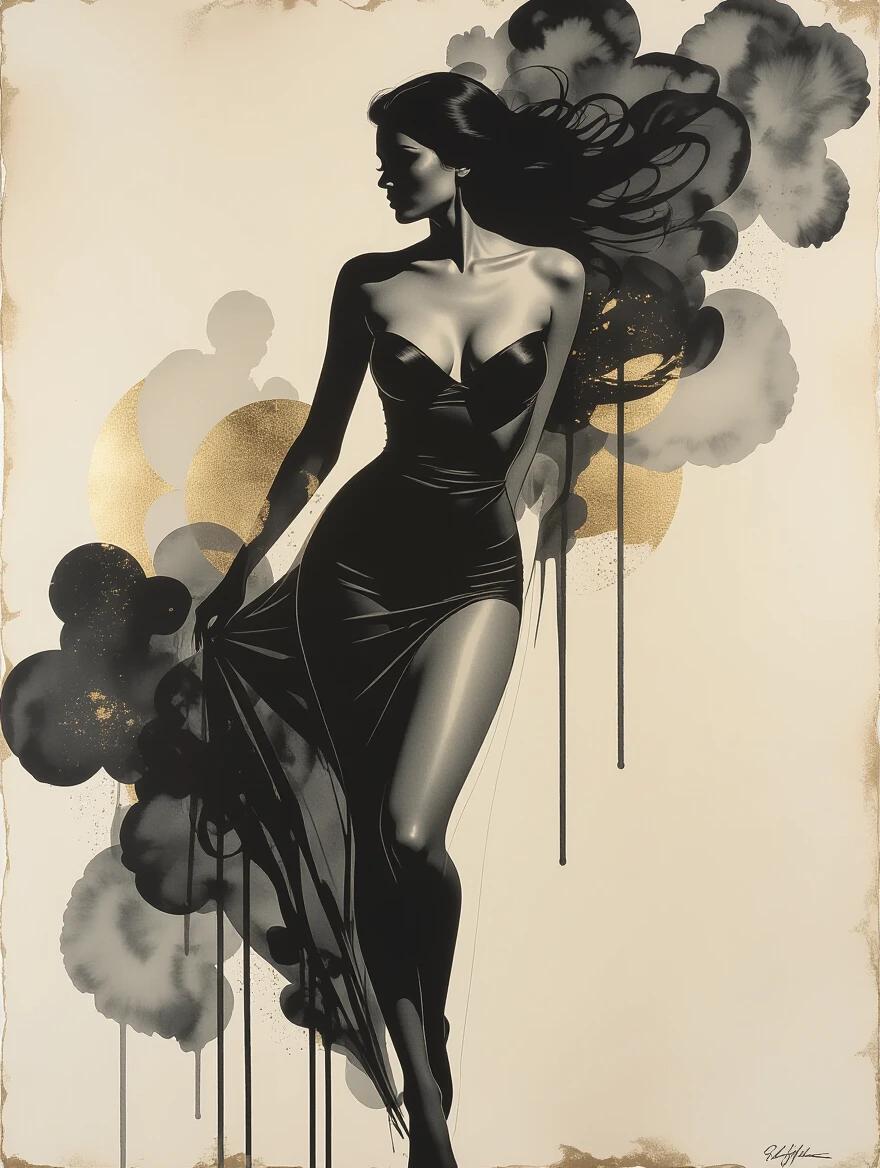 A sophisticated depiction of a woman in a sleek black dress. The artwork contrasts dark and light shades prominently. Ethereal qualities are emphasized. The allure of femininity is highlighted beautifully. Hints of gold are incorporated elegantly. The overall aesthetic combines elements of minimalism with luxury. Created using a mixed media approach. The piece exhibits a weathered parchment feel with intricate details.