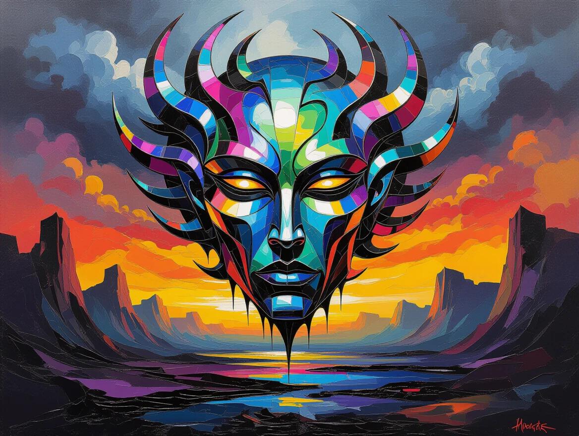 A masterpiece of sculptural oil painting with extreme impasto texture. A dark fantasy landscape features a chaotic neotribal form. The surface appears like polished liquid chrome with vibrant, shifting colors.