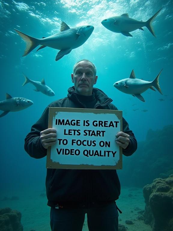A person underwater surrounded by fish holding a sign about video quality.