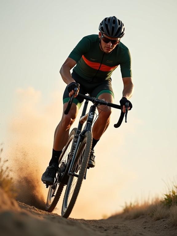Realistic photograph of a male cyclist riding a cyclocross bike mid-action. Cyclist leans forward intensely kicking up dirt. He wears a modern dark green and orange race kit, black gloves, sunglasses, and helmet. Bike features knobby tires and drop handlebars. Lighting is soft and warm golden hour tone. Isolated on neutral light gray background with a soft shadow beneath wheels. High resolution, capturing natural colors and dynamic pose.