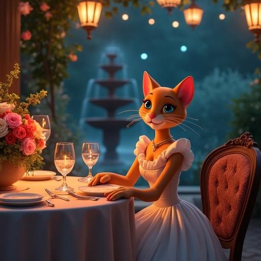 Sophisticated actress kitty Marie from Aristocats in a vintage dress sitting at a table by an outdoor terrace party. Fairy lights decorate the scene. A fountain is visible in the background. Flower arrangements are present. Lanterns hang from trees. Moonlight accentuates her gown. Surreal Disney style.