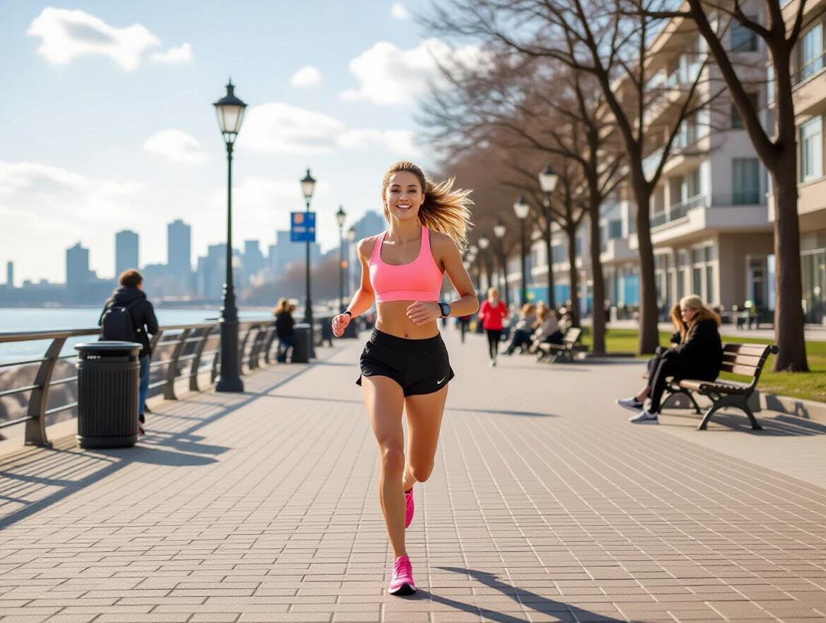 A young woman runs along a scenic boardwalk. The image portrays a lively urban environment. Beautiful weather enhances the atmosphere. The pathway is lined with benches and trees. People relax and enjoy the outdoors.