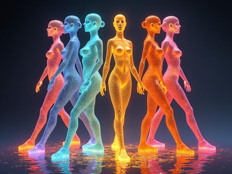 3D ultrarealistic anthropomorphic glass and crystal females in choreographed yoga pose with open legs glowing in different colors. Soft and vibrant hues create a stunning visual.