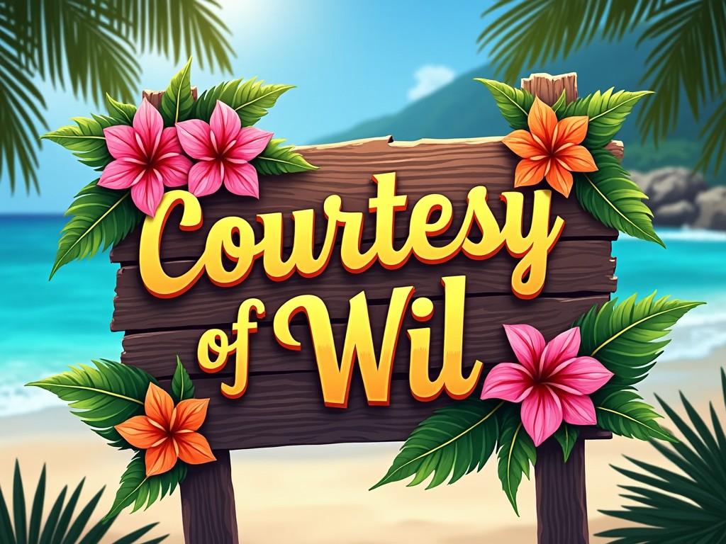 The image depicts a tropical beach scene with a wooden sign adorned with vibrant flowers. The sign reads 'Courtesy of Wil' in bright yellow letters. Surrounding the sign are lush green leaves and colorful pink and orange flowers. The background features a picturesque beach with turquoise waters and a sunny sky. This idyllic setting conveys a sense of relaxation and vacation vibes.