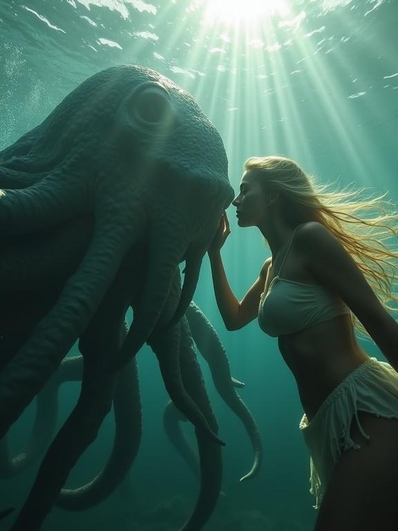Underwater scene featuring a girl with blond hair and a Cthulhu. Girl in loincloth touches Cthulhu's jaw. Bodies submerged with sun rays shining through water. Dreamy and magical atmosphere with cinematic lighting.