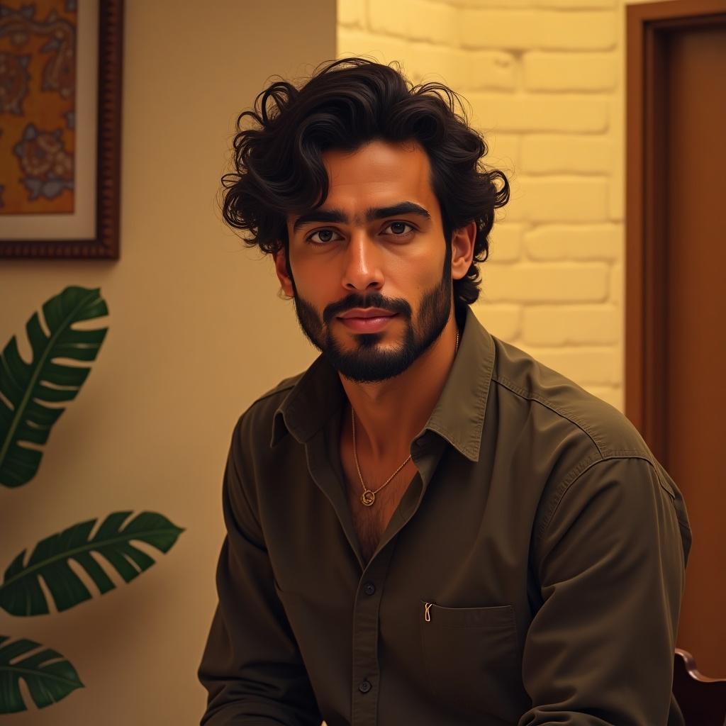 A person dressed in a green shirt, sitting in a cozy room with a soft light. There is a plant in the foreground and textured walls in the background. The scene has a warm and inviting ambiance.