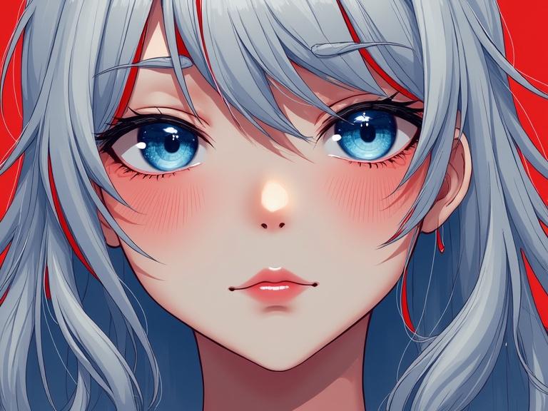 Bright surrealism art featuring a young mature female with vivid blue eyes and long wavy silver hair. Hair includes red stripes. Pale skin with patches of red stained glass extending outward like blades. The art uses bold colors and gradients.