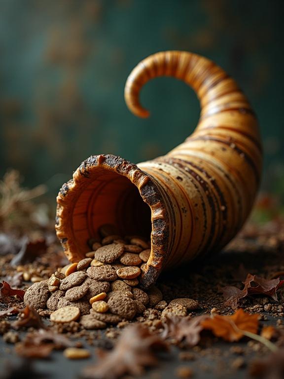 Horn-shaped cornucopia spills cookies on a dark surface. Warm lighting enhances textures. Background features soft fall colors.