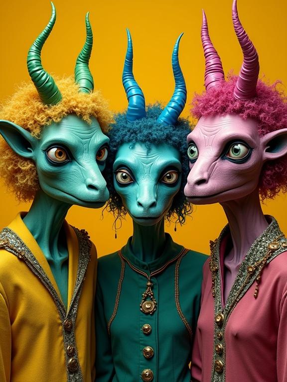 Surreal portrait of three whimsical characters with colorful horns and unique attire. Bright colors of yellow, green, magenta, and blue create a vibrant scene with a contrasting background.