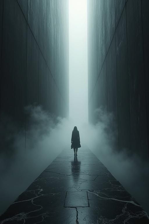 Solitary figure walks on a polished black marble path. The path is suspended in a vast box-like space filled with swirling fog. Light comes from an unseen source. The atmosphere is heavy and surreal.