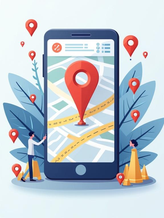 Image of a smartphone displaying a map with a large location pin. Two people interact with the map in a stylized environment. Visual elements include additional location pins and plants surrounding the smartphone.
