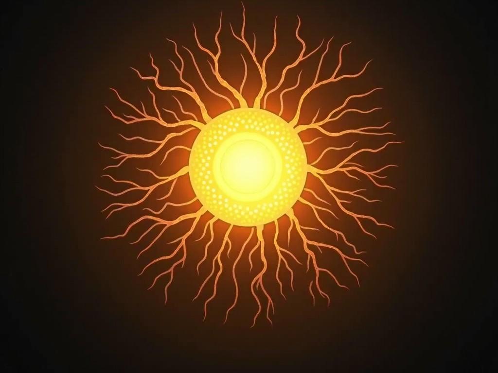 The image features a glowing orb that appears to be in the center of a dark background. This orb emits a warm yellow and orange light, resembling a sun-like energy source. Surrounding the orb are intricate branching forms that look like gnarled tree roots or twigs, enhancing the magical aura of the image. The light radiates outward, creating a sense of power and mystery. The overall composition gives off an otherworldly vibe, as if it's a portal or a source of ancient energy.