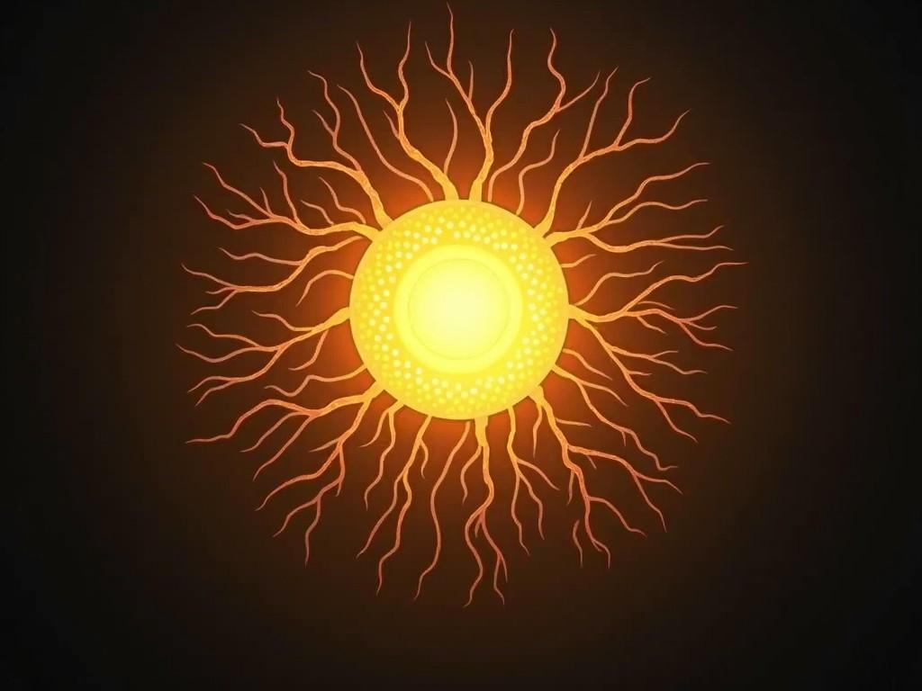 The image features a glowing orb that appears to be in the center of a dark background. This orb emits a warm yellow and orange light, resembling a sun-like energy source. Surrounding the orb are intricate branching forms that look like gnarled tree roots or twigs, enhancing the magical aura of the image. The light radiates outward, creating a sense of power and mystery. The overall composition gives off an otherworldly vibe, as if it's a portal or a source of ancient energy.