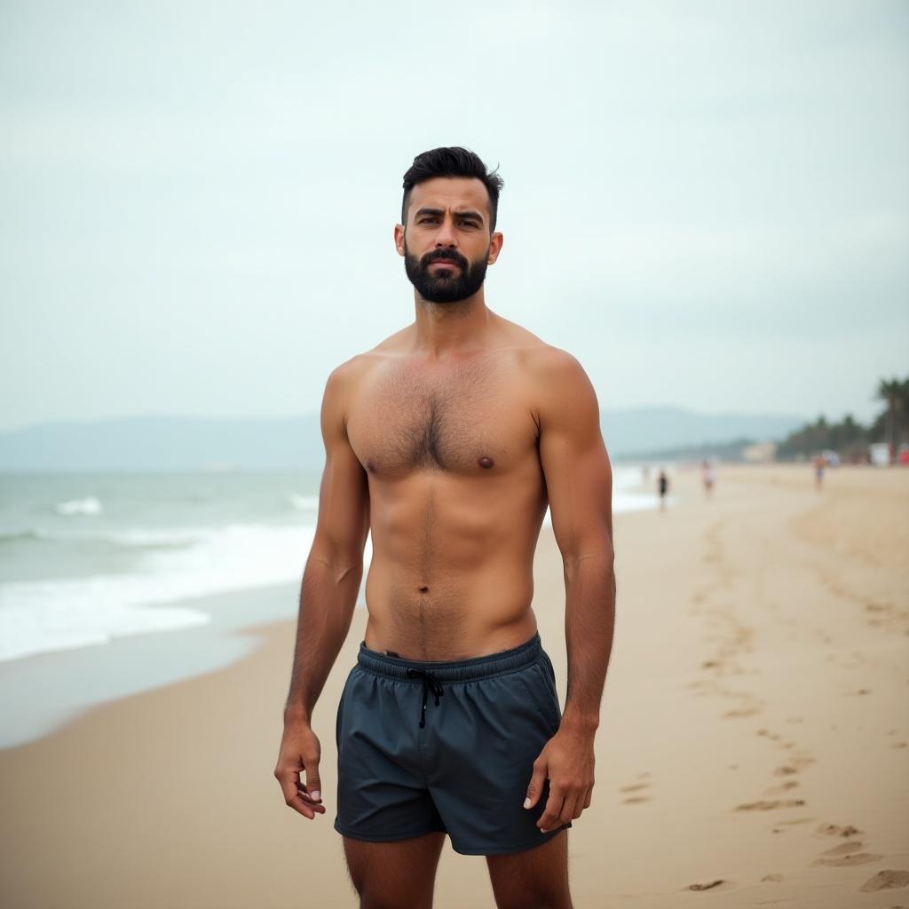 A man stands on a sandy beach facing the camera