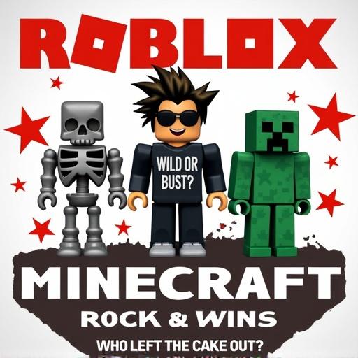 Graphic shows a clash between Roblox and Minecraft. Top features bold red and white 'ROBLOX'. Below are three blocky figures: a skeleton Roblox character, a cool Roblox avatar with spiky hair and sunglasses with 'WILD OR BUST?', and a green Minecraft Creeper. 'ROCK' is written in large letters. Smaller text says 'MINECRAFT BLOCK' with red stars around. A humorous question 'WHO LEFT THE CAKE OUT?' is at the bottom.