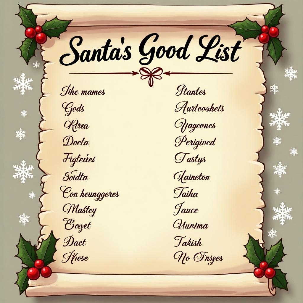 This image features Santa's Good List displayed on a beautifully designed scroll. The elegant lettering at the top reads 'Santa's Good List' in a whimsical font. Surrounding the scroll are festive holiday decorations including holly and snowflakes. The overall color palette is warm and inviting, featuring reds and greens with a beige background. This scroll could evoke feelings of nostalgia and joy associated with the Christmas season.