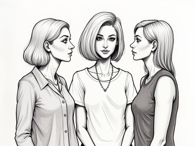 Two women androgynous person grandmother with bob ink drawing