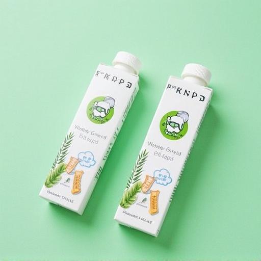 Biodegradable toothpaste cartons on a green background. Two cartons displayed side by side. Cartons feature modern design and nature-related graphics. Product emphasizes eco-friendliness and natural ingredients.
