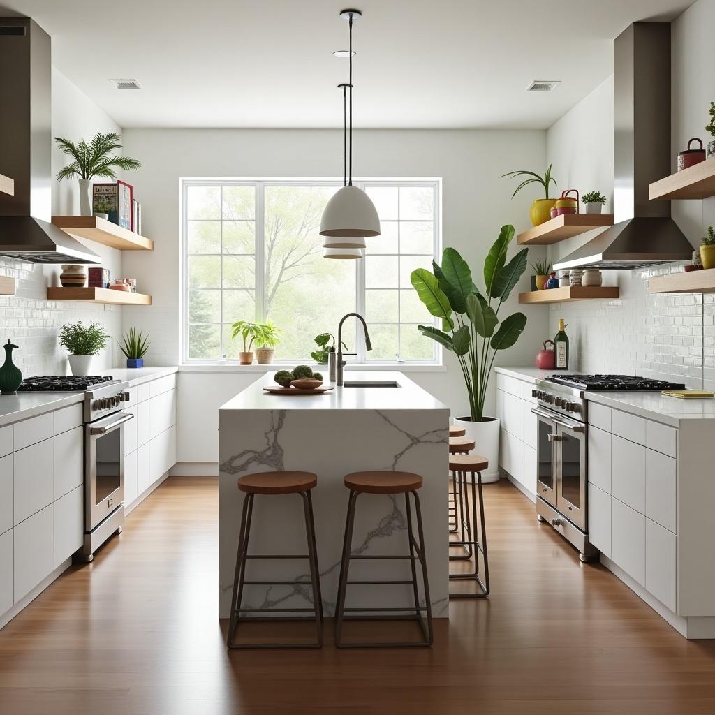 Modern kitchen with white cabinetry and gray accents. Central island with stools. Plants and natural light create a refreshing atmosphere.