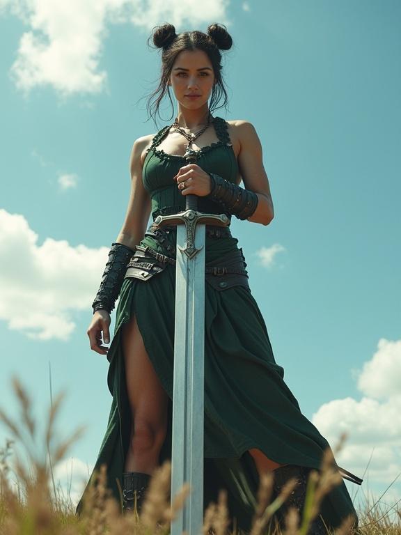 A powerful female warrior stands heroically on a battlefield. She holds a giant sword vertically with both hands. The camera angle is low, showing her strength. Dark green, tattered battle dress with armor details. Muscular legs and arms. Hair styled in two buns with loose strands. Dramatic lighting and blue sky with clouds.
