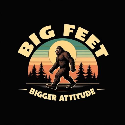 Black t-shirt with stylized graphic text BIG FEET at top and BIGGER ATTITUDE at bottom. Cartoon Bigfoot walking from left to right in the center. Retro sun with striped background. Silhouetted pine trees at bottom. Vintage outdoor style.