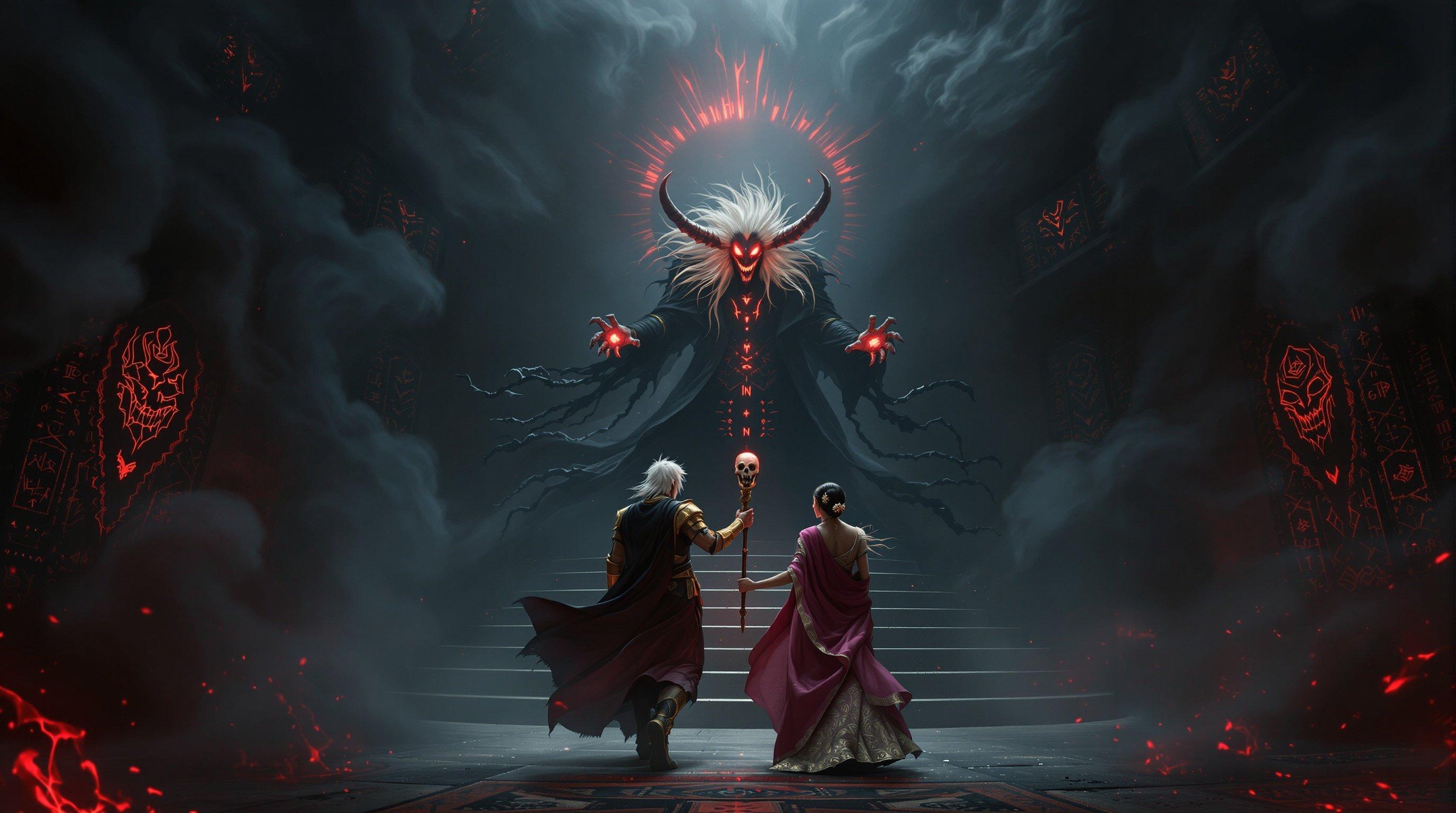 Inside a dark palace, King Rudrasen and Queen Mriganjali face Kaljayi in a dim chamber. Black smoke swirls around them. Kaljayi has white hair, red glowing eyes, and holds a skull-topped staff. Rudrasen wields a glowing sword; Mriganjali in a pink and gold saree. The chamber walls are adorned with demonic faces and glowing runes, creating a charged atmosphere.