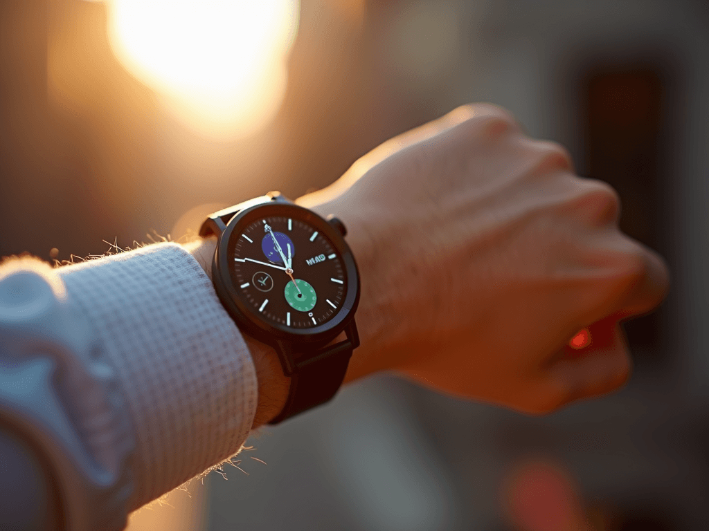 A close-up of a wristwatch on a person's wrist, with a sunset in the background.