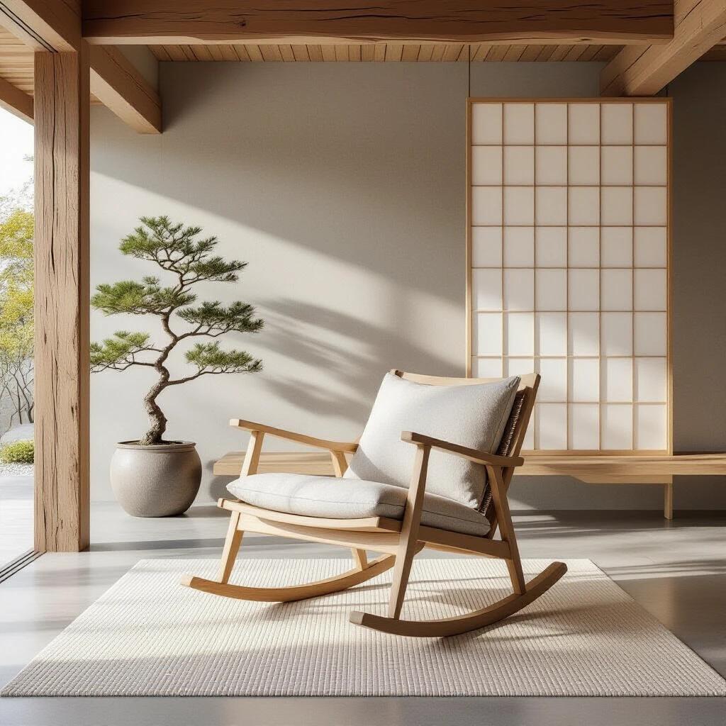 A photorealistic scene of a rocking chair in a Zen loft. The chair combines Japanese and Scandinavian design. It is made of pale ash wood with minimalist lines. A natural linen cushion in beige tones adds comfort. The scene features a tatami mat and a floating Shoji screen divider. Timber beams and concrete walls create a harmonious design. Soft lighting is diffused through rice paper lamps. A cast-iron teapot on a low side table complements the decor.