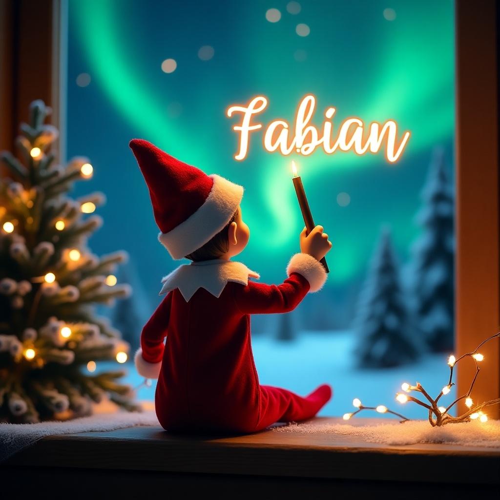 An enchanting Christmas scene features an elf on the shelf, dressed in a classic red and white outfit. The elf is seated, facing the sky, with his back towards the viewer. He holds a glowing magic wand and is writing 'Fabian' in the air. The backdrop showcases vibrant northern lights, casting a magical ambiance over the scene. Festive decorations, including a small Christmas tree and twinkling lights, add to the joy of the holiday season. This whimsical atmosphere captures the essence of Christmas and the excitement it brings.