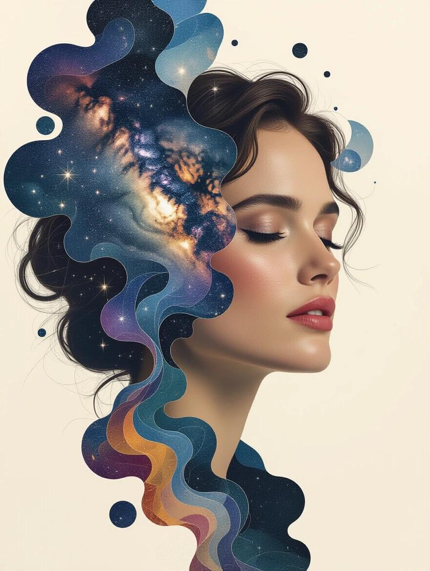 Abstract design features cosmic patterns and a serene human figure in a dreamy style. The artwork incorporates deep spaces and vibrant swirls that symbolize the universe. Influences from modern artists like Jane Crowther and Georgia O'Keeffe are present. The piece exemplifies surreal, bohemian aesthetics with an emphasis on astronomy and cosmic elements.