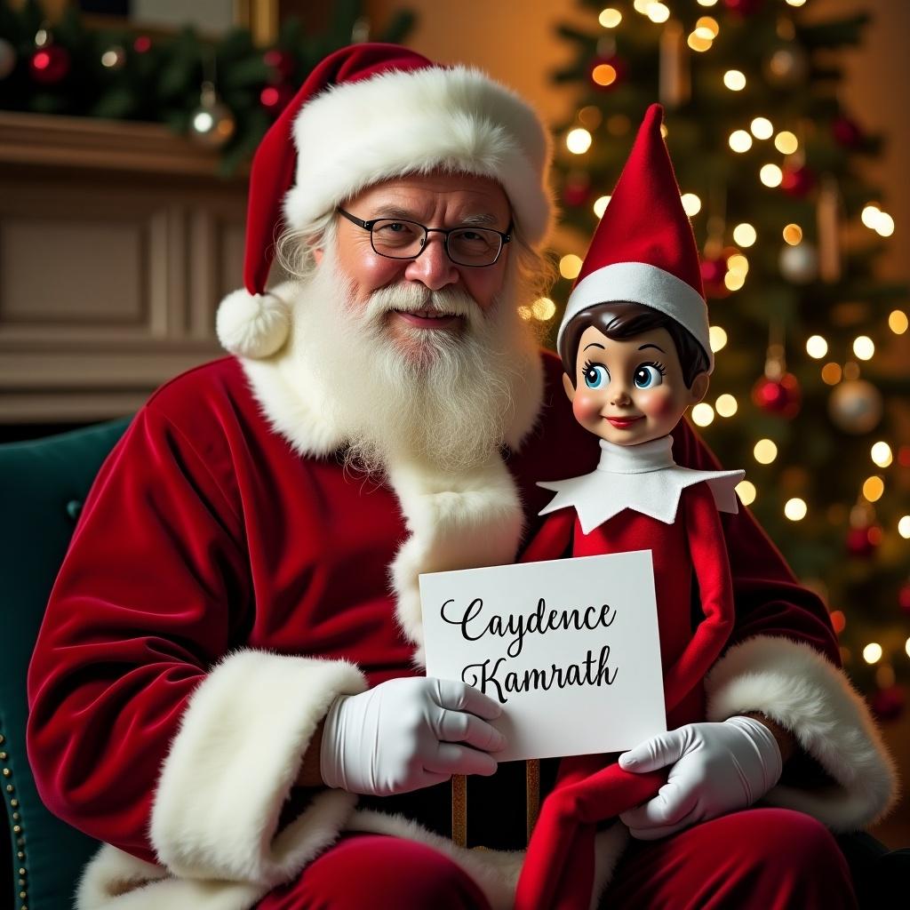 Santa in red suit writing letters with Elf on the Shelf. Elf holds a sign saying Caydence Kamrath in cursive. Decorative holiday background.