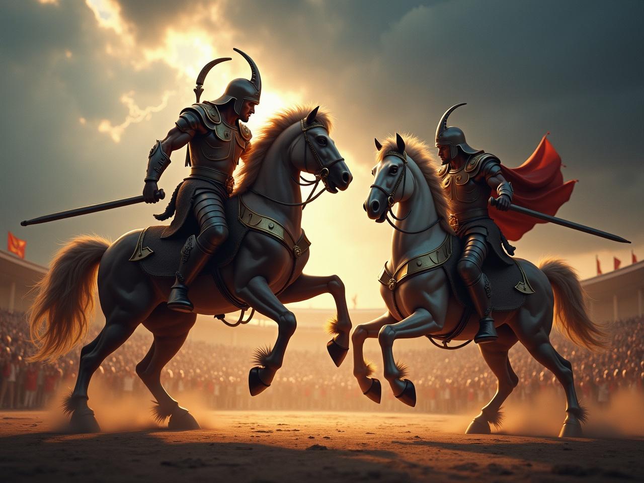 In a dramatic arena setting, two battle-ready centaurs face each other, poised for an epic confrontation. Each centaur is clad in gleaming armor, showcasing their half-human, half-horse form. One centaur rears back on its hindquarters, wielding a weapon, reflecting a strong pose and readiness for battle. The atmosphere is electrifying with cheering crowds in the background and a stormy sky filled with dark clouds and lighting. The lighting effect highlights the centaurs, creating an intense contrast against the arena backdrop. This dynamic scene captures the essence of Greek mythology and the excitement of legendary battles.