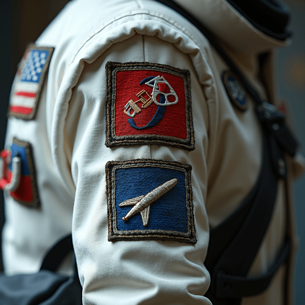 A close-up of a jacket featuring colorful patches with space-themed designs, including a rocket and an American flag.