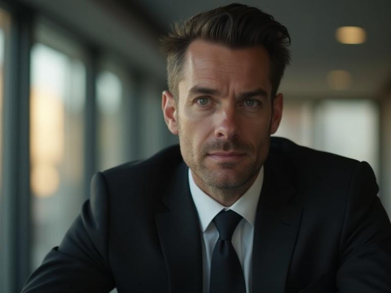 A realistic close up shot of a man wearing a black suit in an office setting